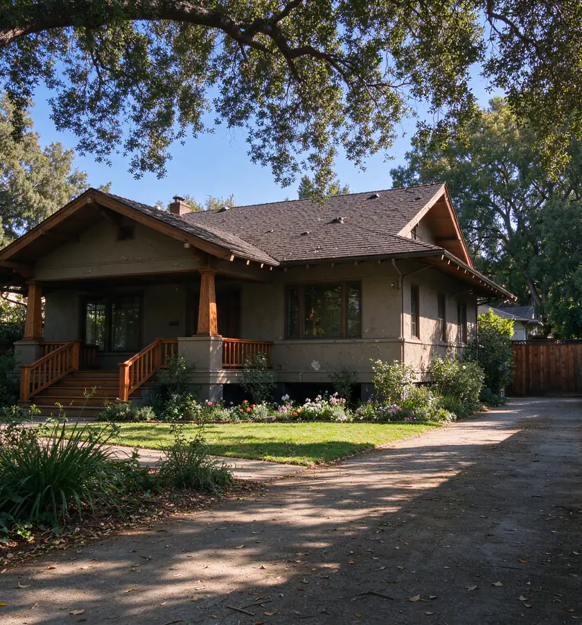 A two-story 1910s Craftsman house in South Pasadena with shingle siding, exposed rafter tails and a wide front porch, shaded by mature street trees at midday