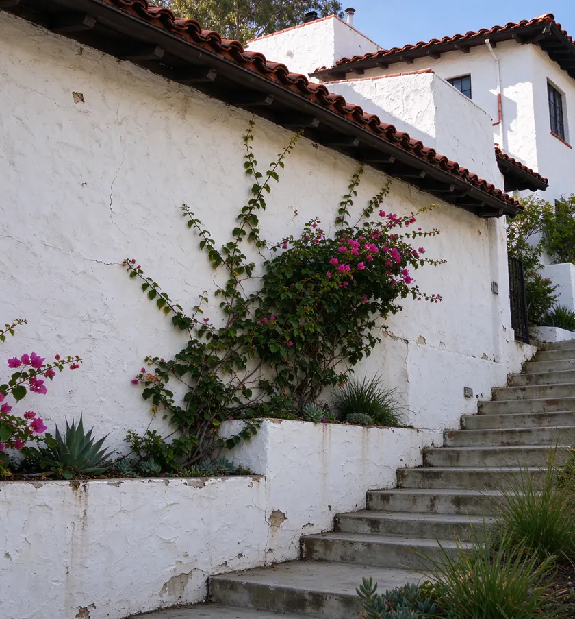A two-story hillside duplex in Echo Park, Los Angeles, with a tall stucco foundation wall on the downhill side and steps climbing to the front porch in afternoon light