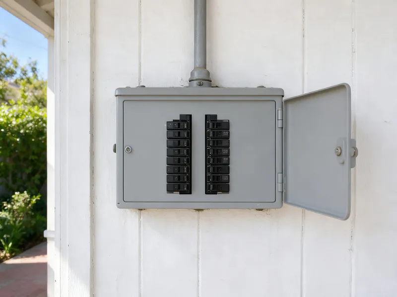 After: a new gray circuit breaker panel in the same spot on the porch wall