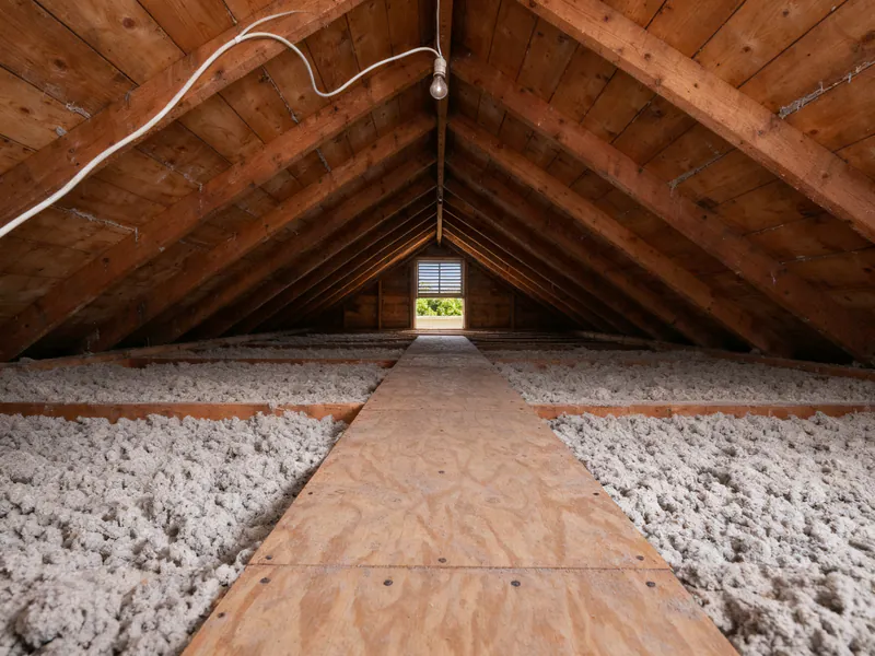 After: the same attic with gray blown-in insulation between the ceiling joists