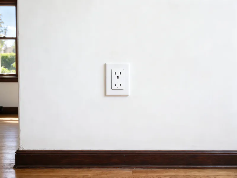 After: the same wall patched and painted with a new outlet and cover plate