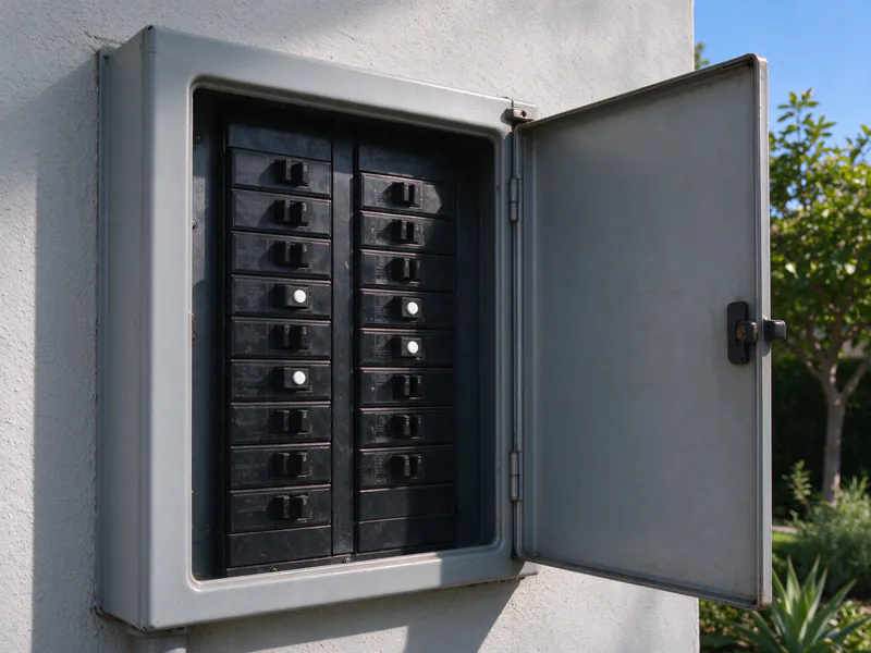 Arc-fault circuit breakers with white test buttons in a breaker panel