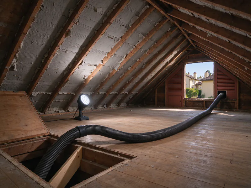 An attic floor cleared between the joists before new insulation