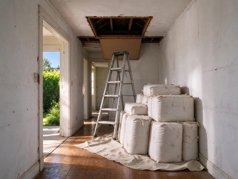 Bags of insulation stacked beside an open attic hatch in a hallway