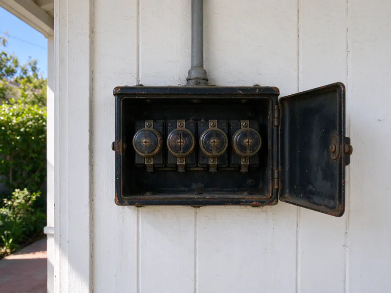 Before: an old fuse box with four round plug fuses on a painted wood porch wall