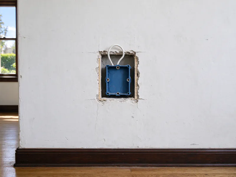 Before: a small opening in a white plaster wall with a new outlet box and cable