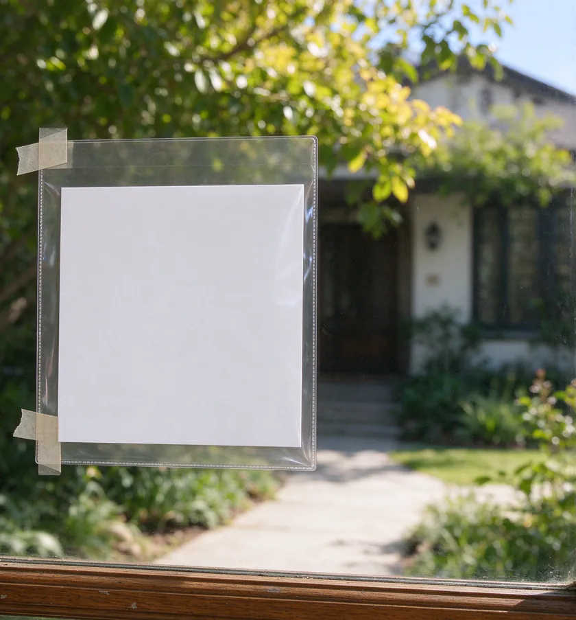 A printed electrical permit card in a plastic sleeve taped beside the panel in a Los Angeles house, with new labeled breakers visible