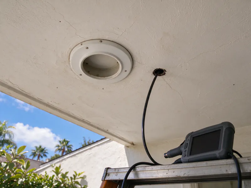 A borescope camera cable entering a small hole beside a round ceiling box, its screen dark