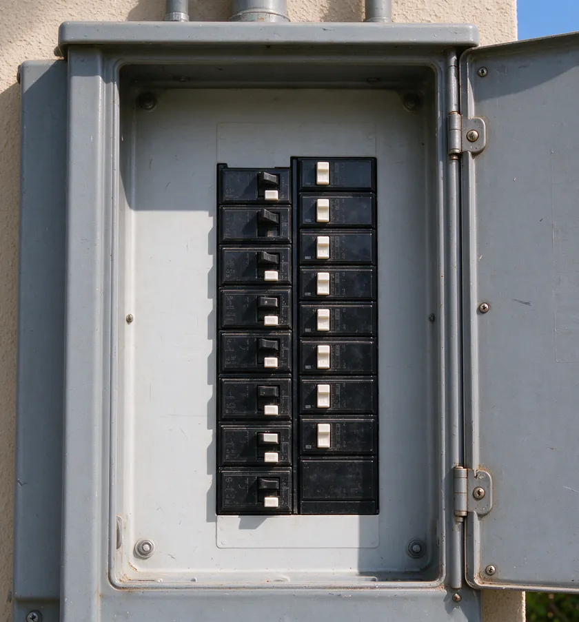 A row of new arc-fault circuit breakers with test buttons in an open residential panel, next to a typed circuit directory, in a Los Angeles garage in daylight