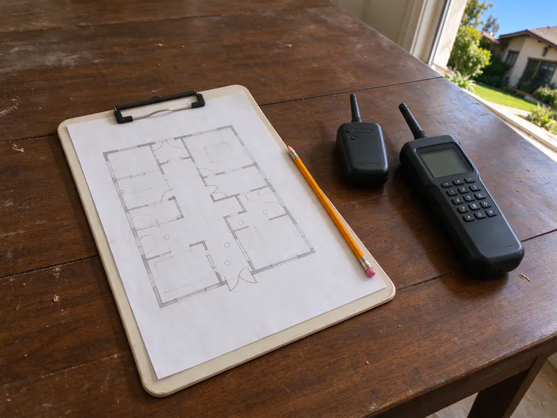 A clipboard with a hand-drawn floor plan sketch and a circuit tracer on a dining table