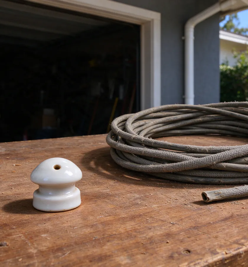 Two separate cloth-covered wires on porcelain knobs beside a flat cloth-jacketed cable stapled to a joist in the crawlspace of a Los Angeles bungalow