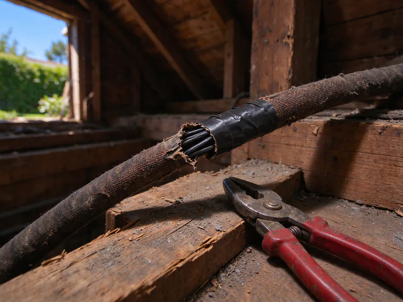 The cut, taped end of an old cloth-covered cable on an attic joist beside red-handled pliers