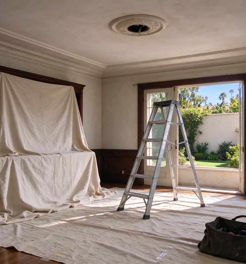 A coil of new white electrical cable and a fish rod on a drop cloth below an open attic hatch in the hallway of a Los Angeles Craftsman house
