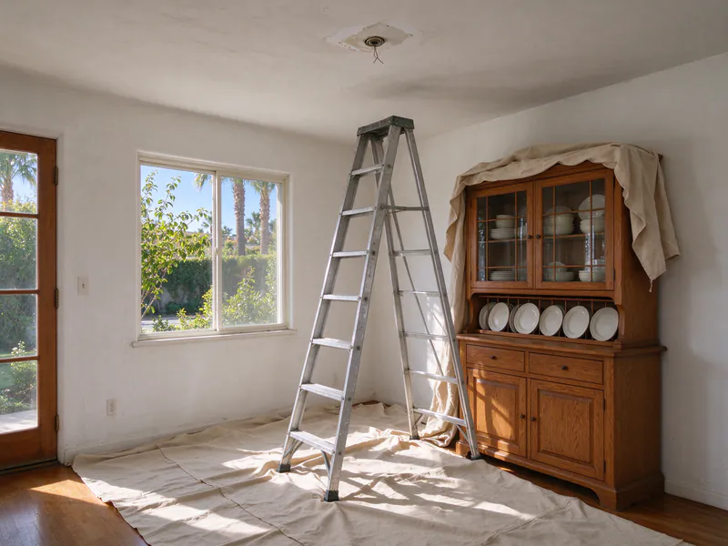 A dining room in a 1920s LA house with a built-in china cabinet, drop cloths and a stepladder during rewiring