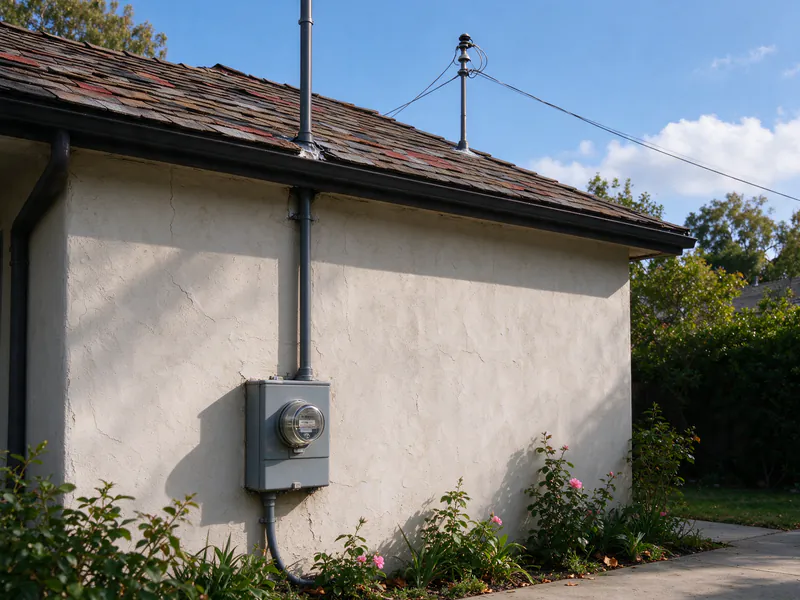 An electric meter on the side wall of a Los Angeles bungalow with the service mast rising to the roof