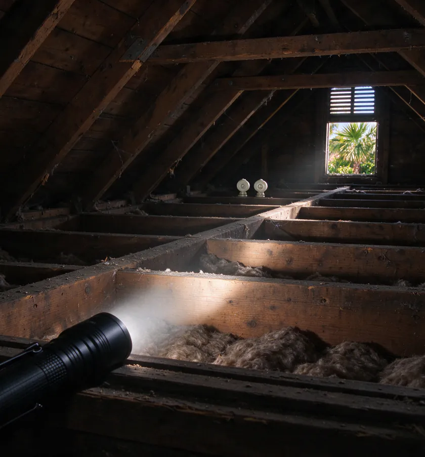 View from an attic hatch with a flashlight beam on white porcelain knobs and two widely spaced cloth-covered wires running along old wood joists in a Los Angeles house