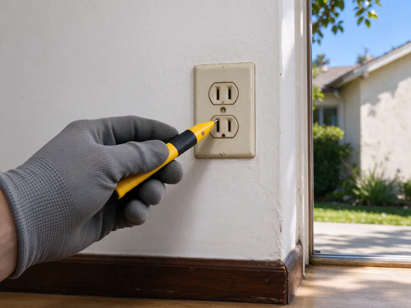 A gloved hand holding a non-contact voltage tester near an old outlet on a plaster wall