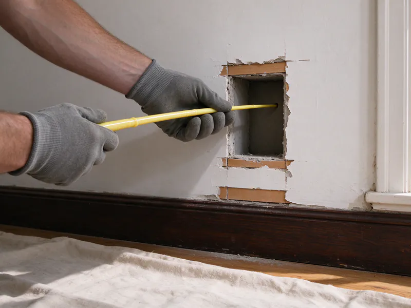 Gloved hands feeding a yellow fiberglass fish rod into a small opening at the baseboard of a plaster wall in an LA house