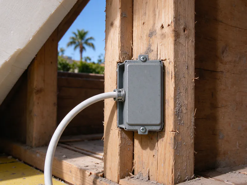 A gray junction box with a blank cover mounted on an attic rafter
