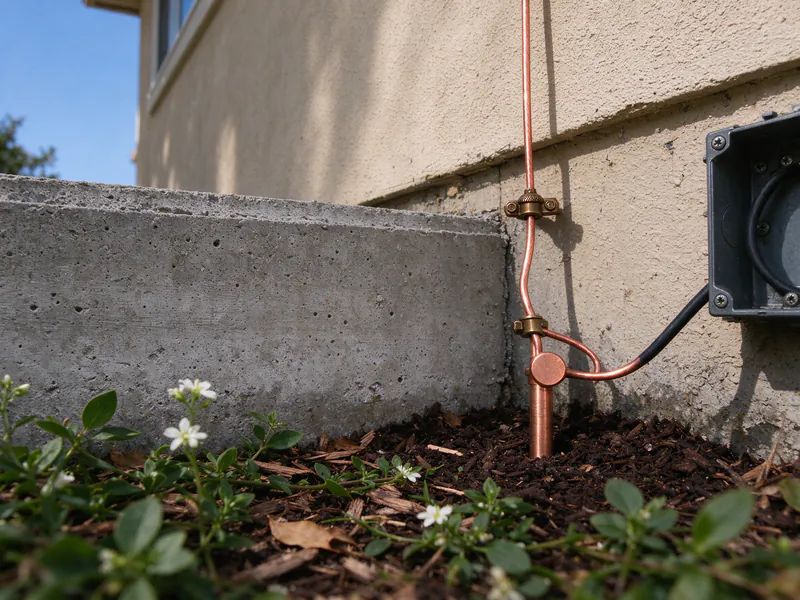 A grounding wire clamped to a copper ground rod beside a house foundation