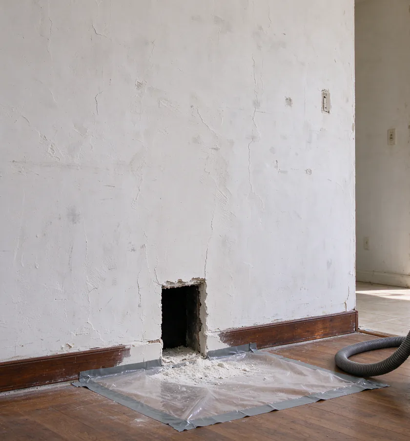 A small plaster wall opening in a Los Angeles house sealed off with plastic sheeting and tape, with a vacuum hose fitted to a dust shroud on the floor below