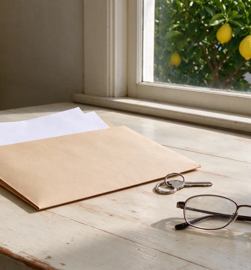 A homeowners insurance renewal letter and a handwritten circuit list on a kitchen table in a Los Angeles bungalow, with an old two-prong outlet on the wall behind
