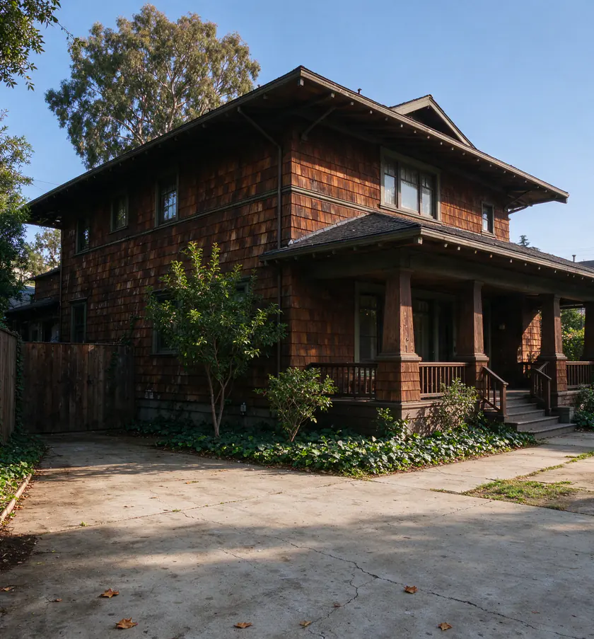 A two-story Craftsman house in West Adams, Los Angeles, with deep eaves, a shingled upper floor and a wide front porch, seen from the sidewalk on a clear morning