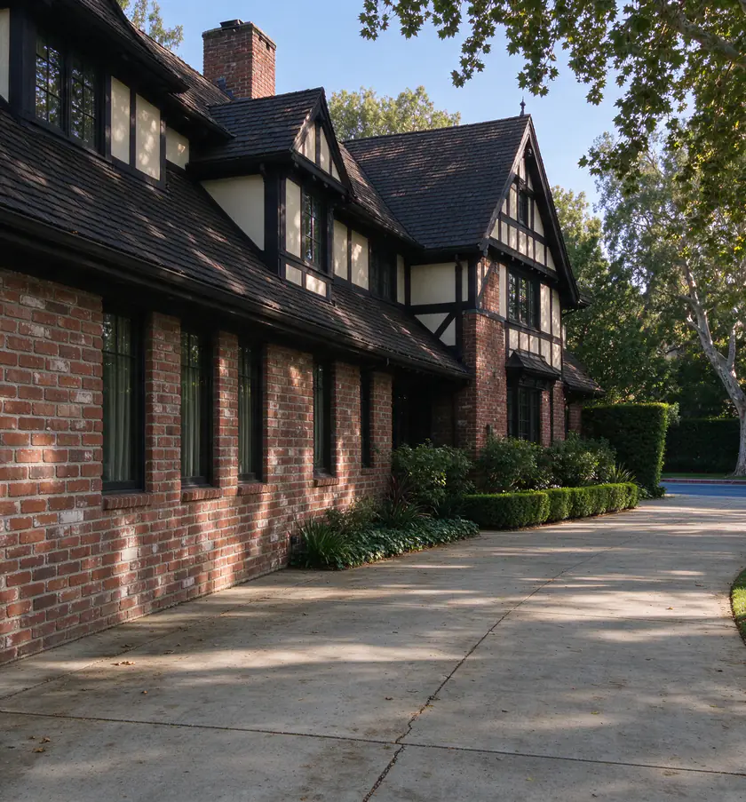 A large two-story period revival house in Hancock Park, Los Angeles, set back behind a lawn and mature street trees, with the electric meter on a side wall out of view from the street