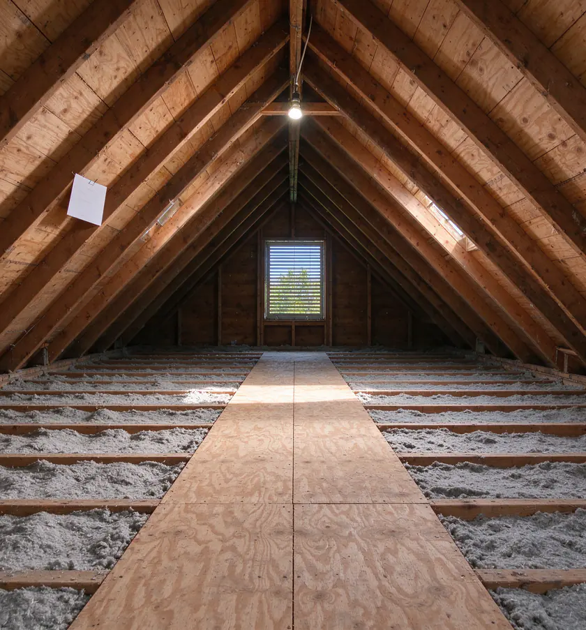 A sunlit vented attic over a Los Angeles bungalow with old porcelain knob runs on the ceiling joists and a clear floor ready for insulation
