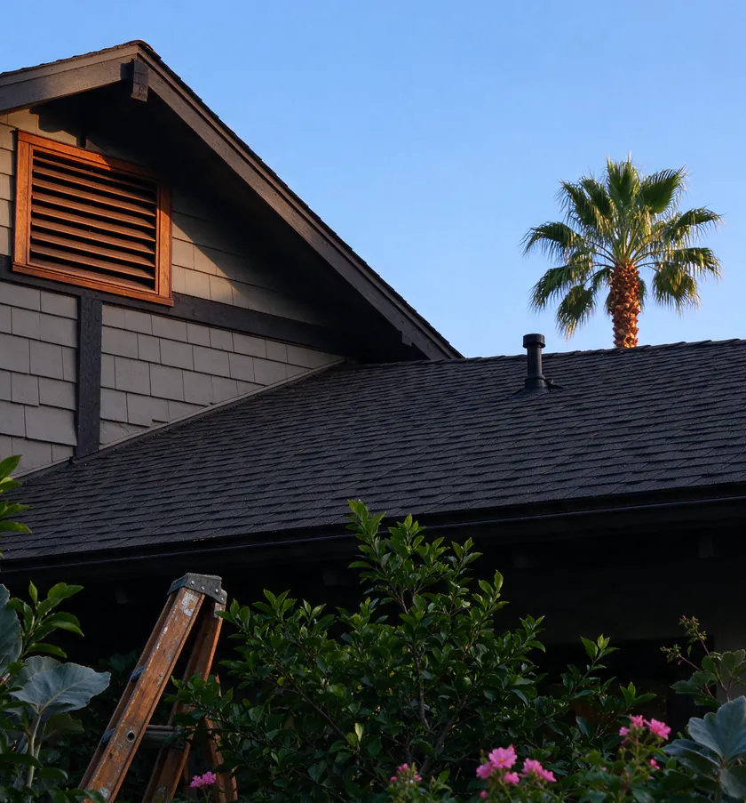 Morning light through a gable vent into the attic of a Los Angeles bungalow, with knob and tube runs on the ceiling joists and a portable fan on a plank walkway