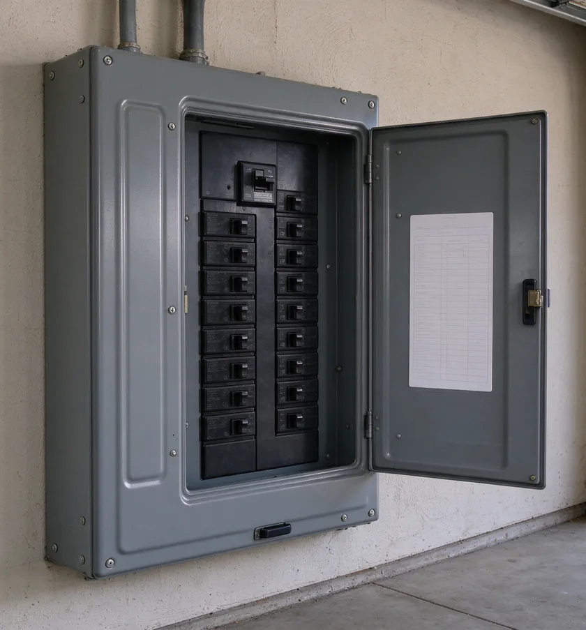A new gray electrical panel with neatly labeled breakers mounted on the side wall of a Los Angeles bungalow, an older fuse box removed beside it