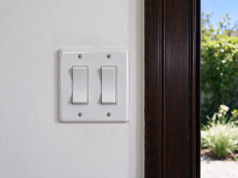A new double light switch beside an original wood door frame