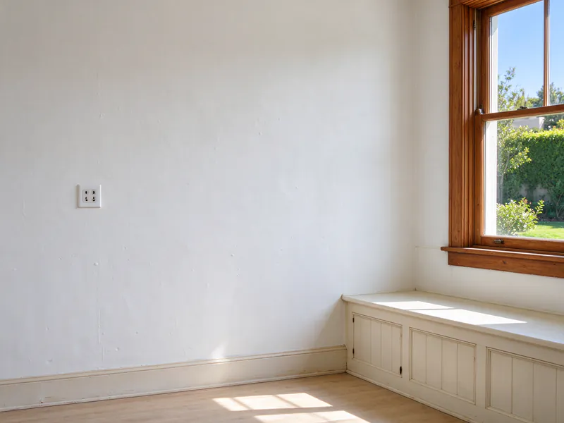 A new outlet on a plaster bedroom wall beside a built-in window seat