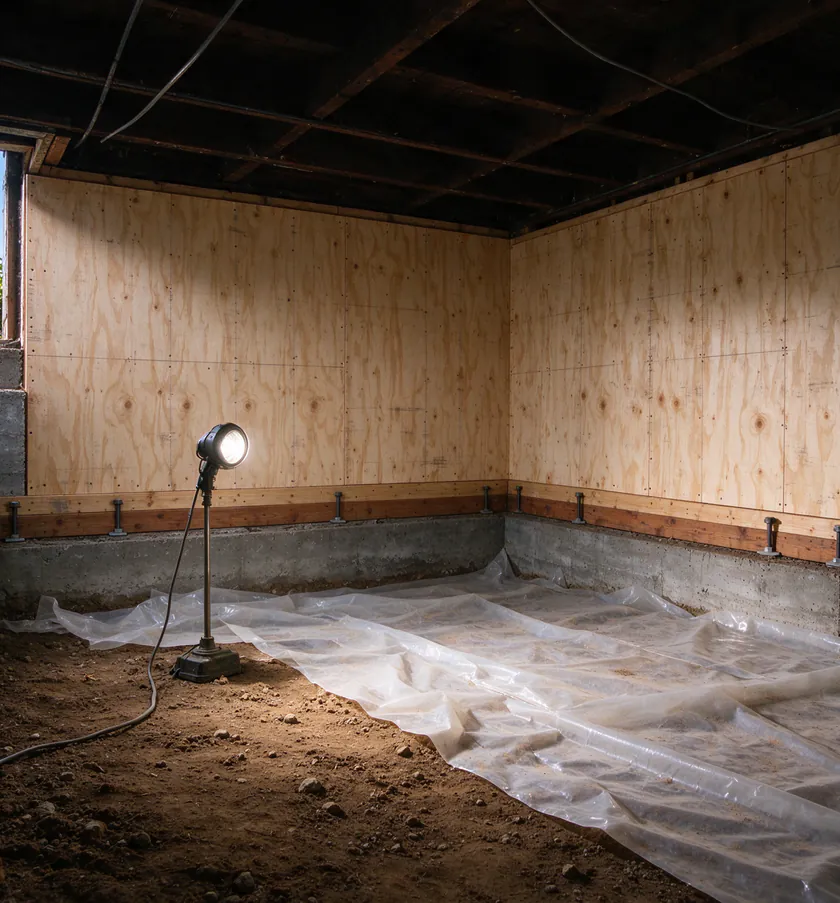 A crawlspace under a Los Angeles bungalow with new plywood on the cripple walls, anchor bolts at the sill plate and a new electrical cable stapled to a floor joist