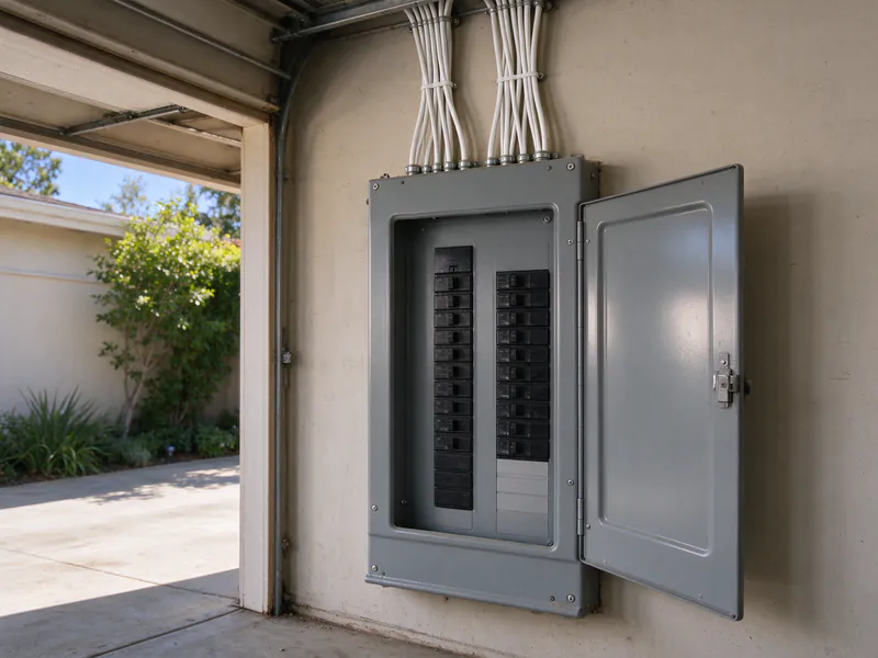 New white cables running into the top of a gray breaker panel on a garage wall