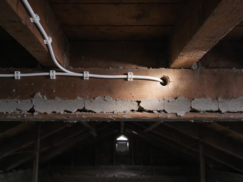 A new white electrical cable stapled along an attic joist and passing through a drilled hole