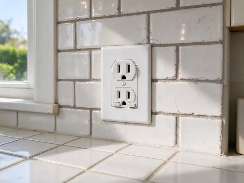 A new white outlet set in the original white tile backsplash of a 1920s Los Angeles kitchen