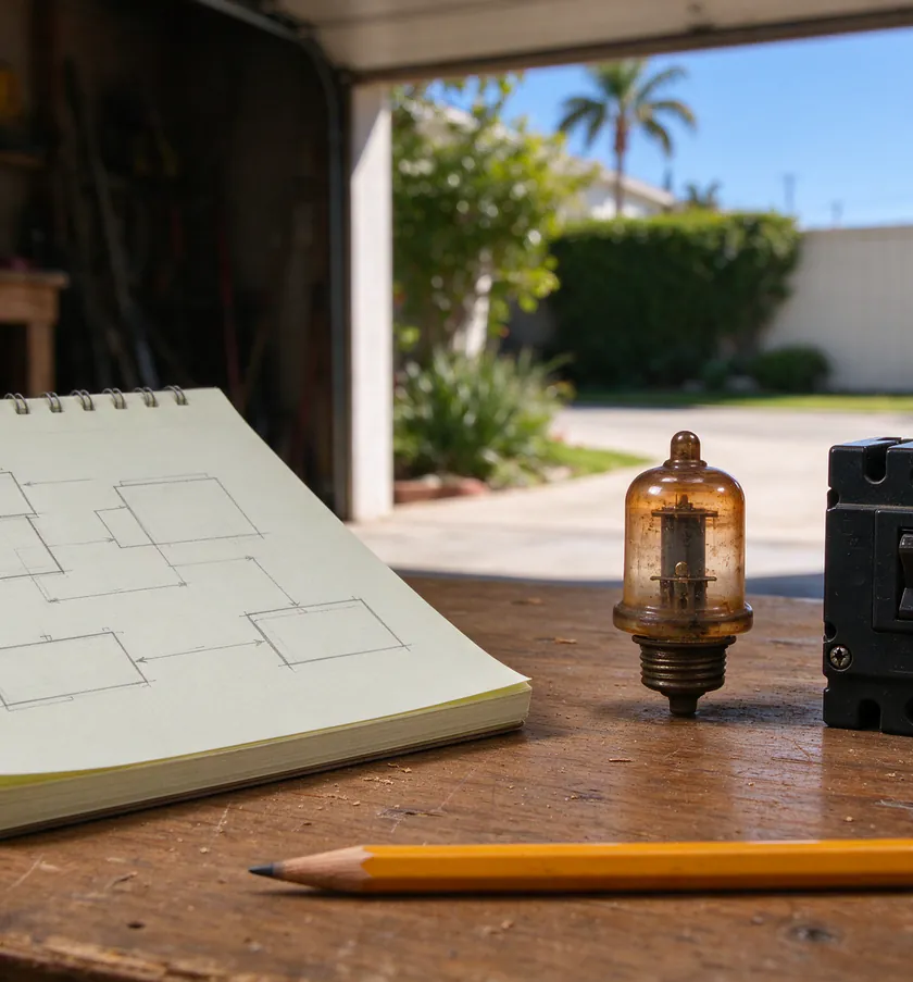 A notepad with a hand-drawn circuit list beside an old fuse block and a new circuit breaker on a workbench in a Los Angeles garage