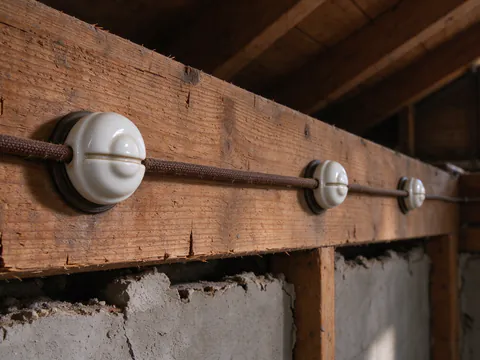 Two separate cloth-covered conductors held on white porcelain knobs along the wood joists of a Los Angeles bungalow attic, lit by a work light