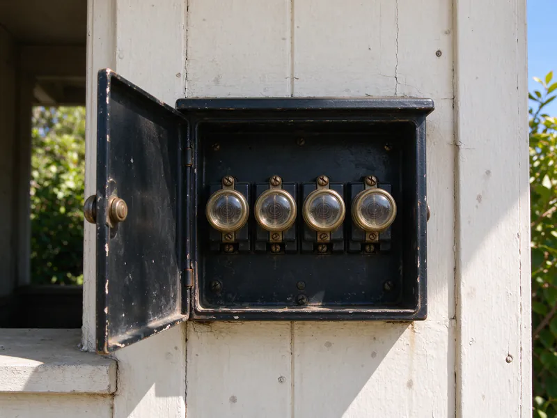 An old fuse box with four round plug fuses on a porch wall