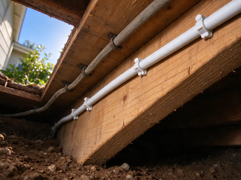 Old gray cloth-jacketed cable and new white cable fastened to a crawlspace floor joist