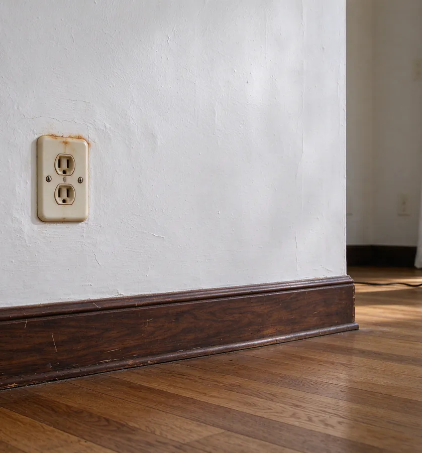 Daylight through an attic vent falling on cloth-covered knob and tube conductors with worn, flaking insulation near a porcelain knob in an older Los Angeles house