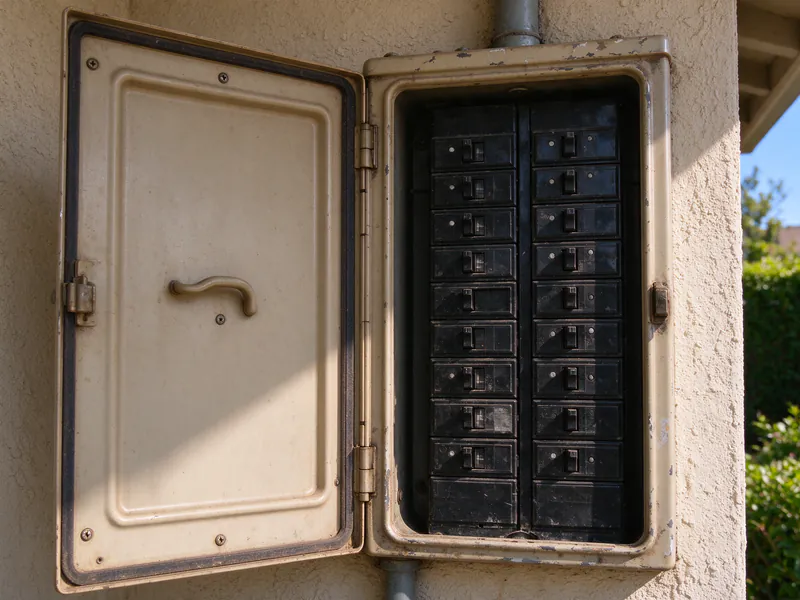 An older beige 100 amp breaker panel crowded with breakers