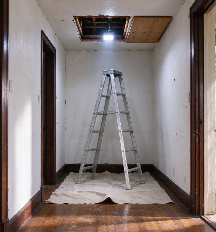 An open attic hatch above a Los Angeles bungalow hallway, a flashlight beam lighting porcelain knobs along a wood joist