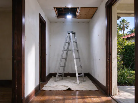 An open attic hatch above a Los Angeles bungalow hallway, a flashlight beam lighting porcelain knobs along a wood joist
