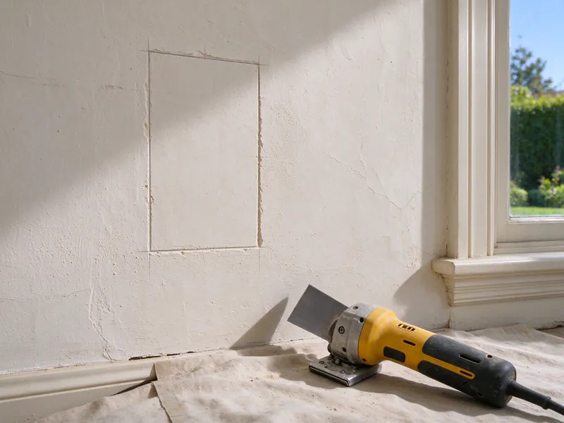 An oscillating multi-tool resting beside a scored rectangle on a plaster wall
