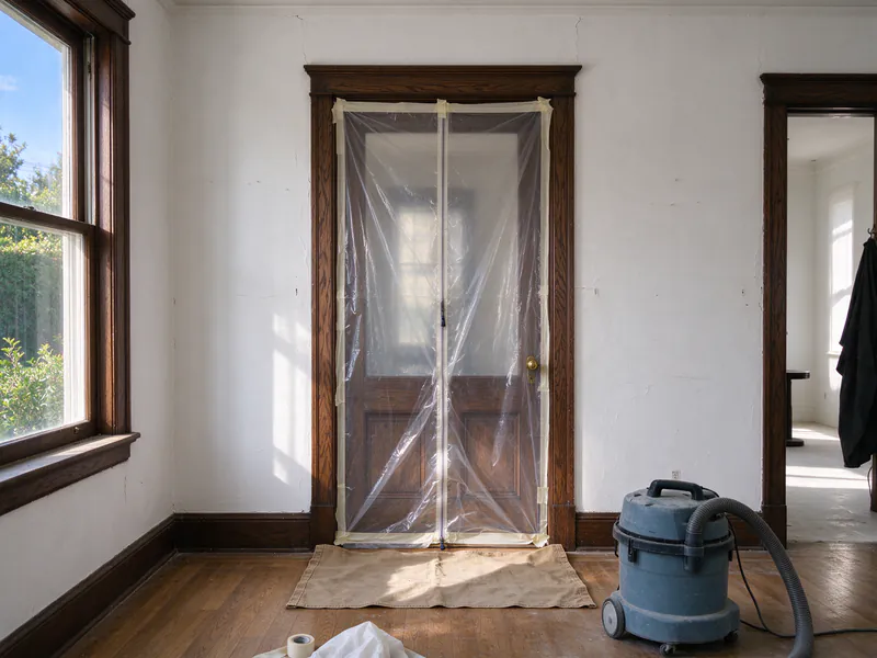 Plastic sheeting with a zipper door taped over a doorway and a HEPA vacuum on the floor