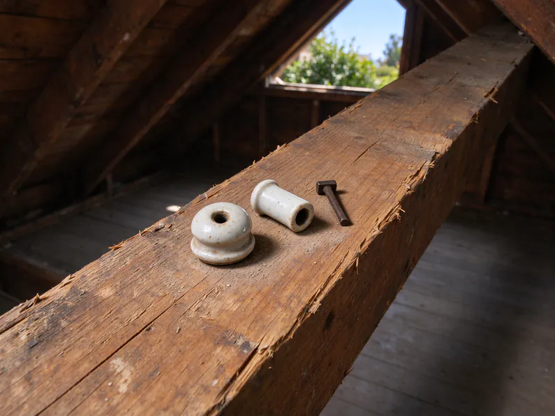 A removed porcelain knob and porcelain tube resting on an attic joist beside an old nail