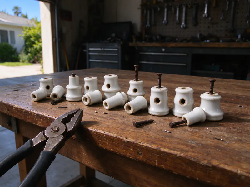 Removed white porcelain knobs and tubes laid out on a wood workbench
