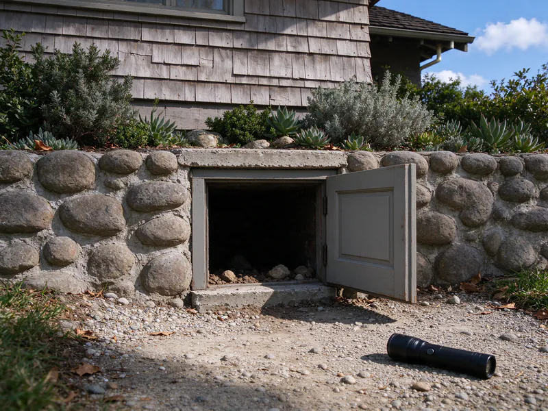 A small wood crawlspace access door open in the river-rock foundation of a Los Angeles bungalow